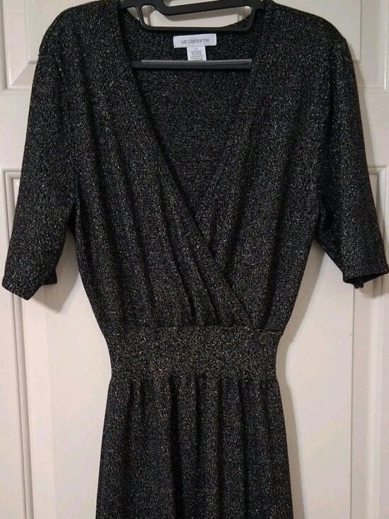 LIZ CLAIBORNE SZ LT V-Neck Black Metallic Midi Dress Short Sleeve - Picture 1 of 9